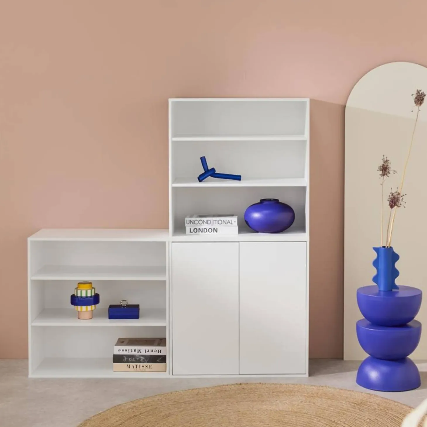 Estantería, biblioteca modular con 3 elementos, 2 puertas y 6 estantes