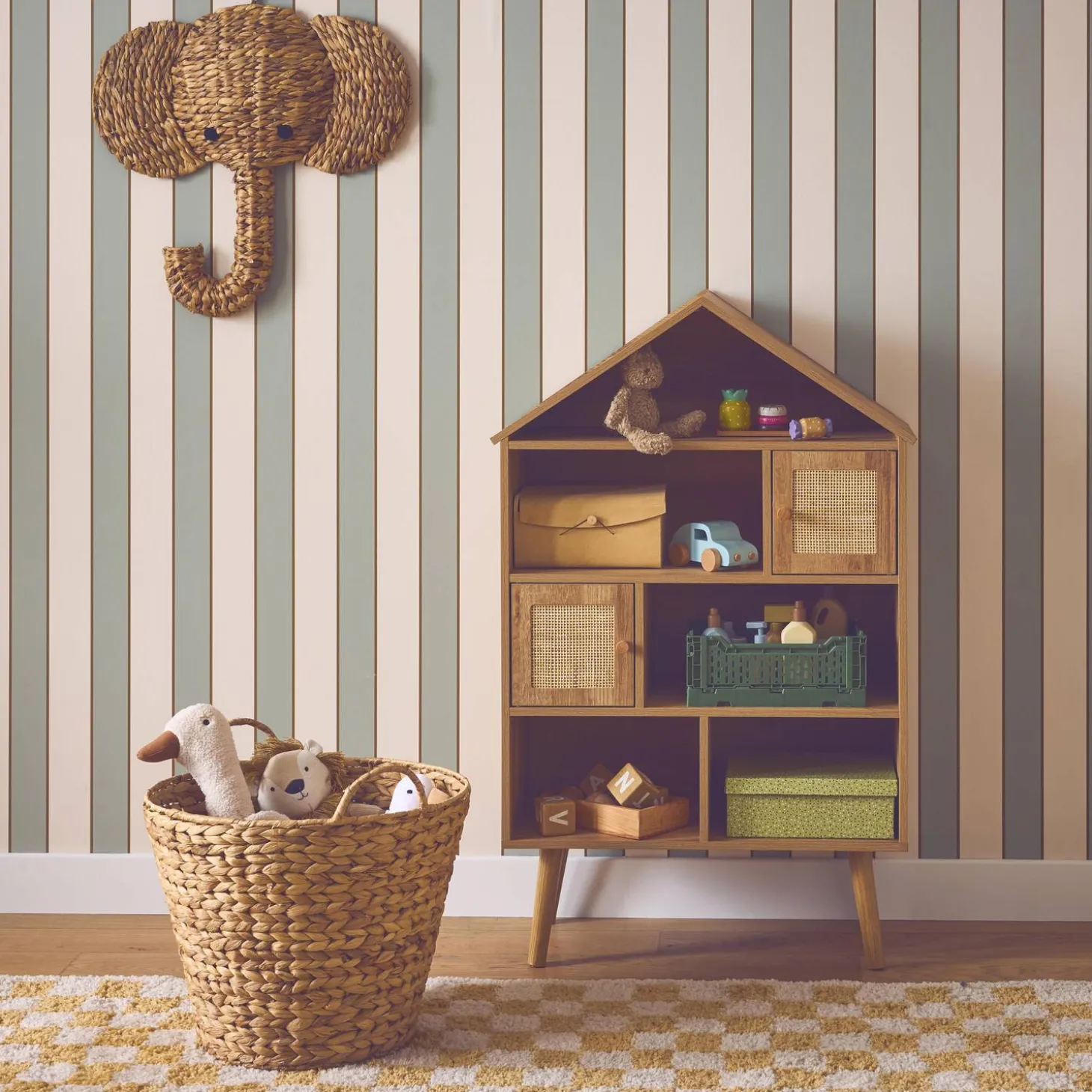 Estantería infantil efecto madera y caña con 2 puertas