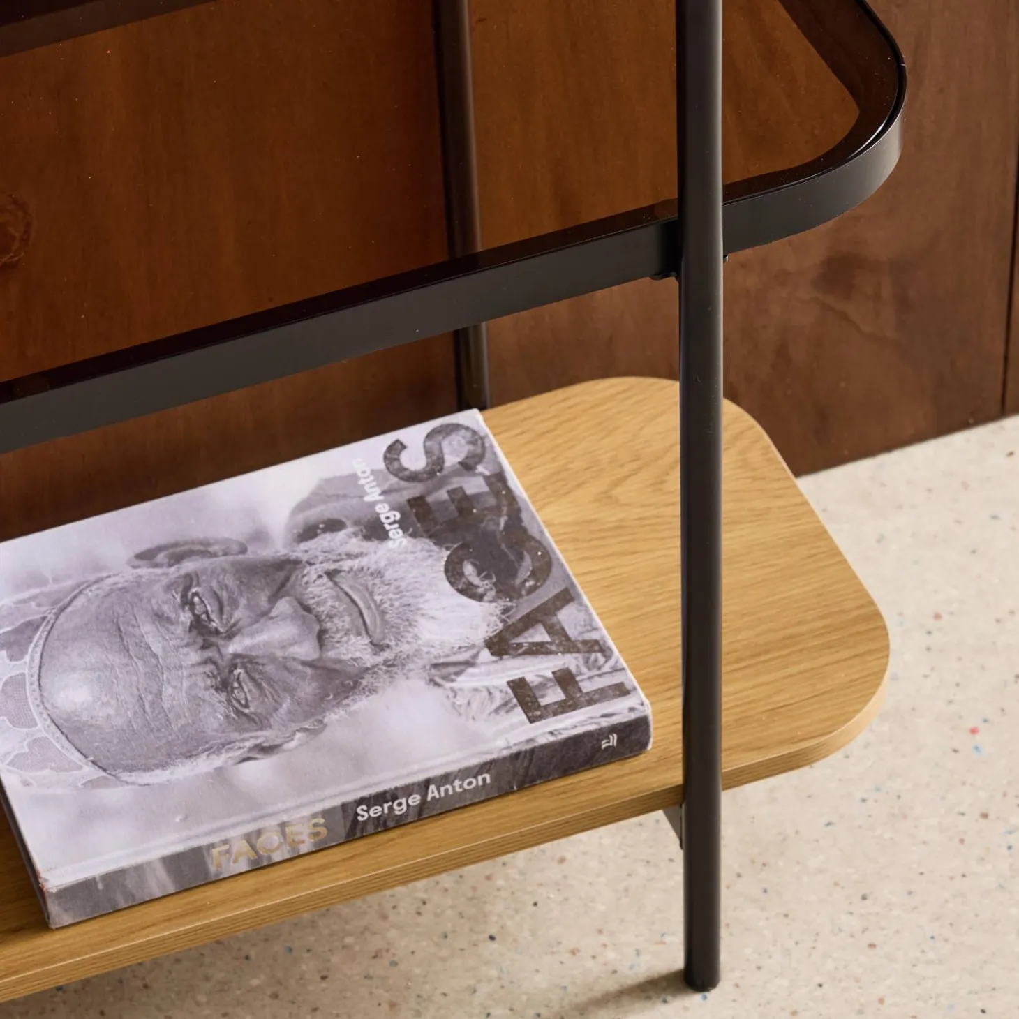 Estantería librería de vidrio, decoración de madera y metal, 3 niveles