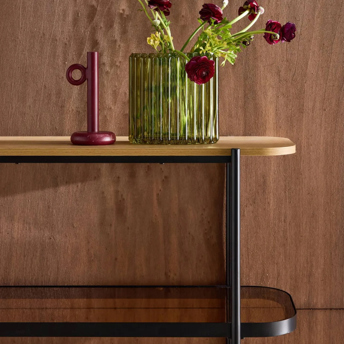 Estantería librería de vidrio, decoración de madera y metal, 5 niveles