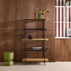 Estantería librería de vidrio, decoración de madera y metal, 5 niveles