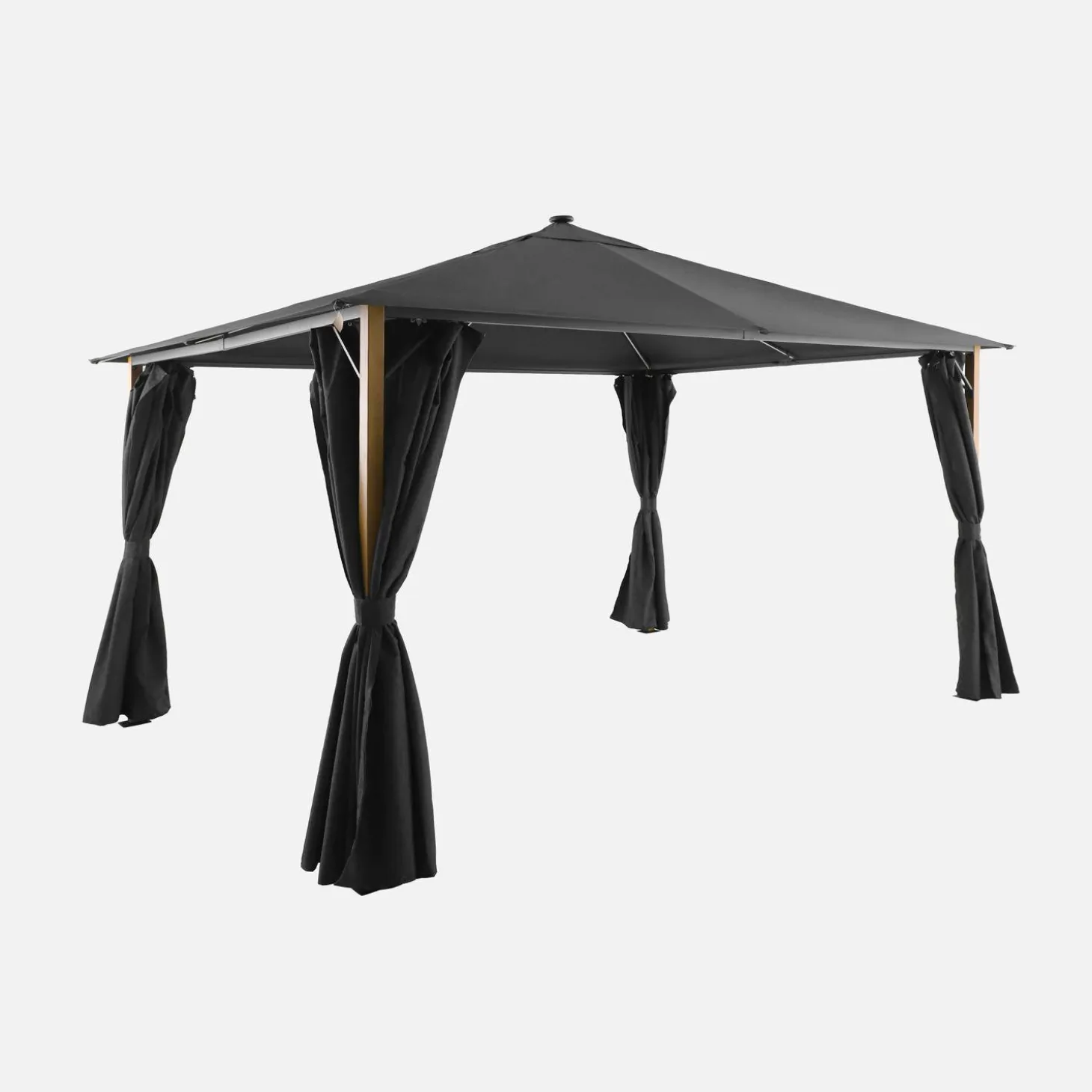 Gazebo de jardín 3x4m de aluminio efecto madera con cortinas y led