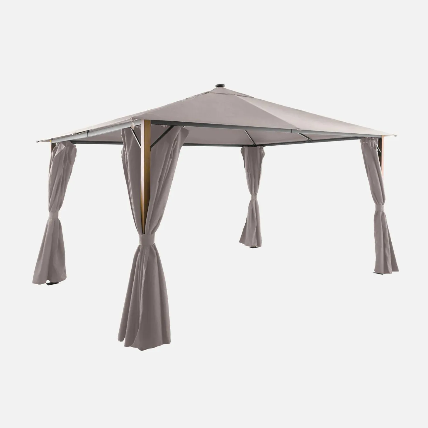 Gazebo de jardín 3x4m de aluminio efecto madera con cortinas y led