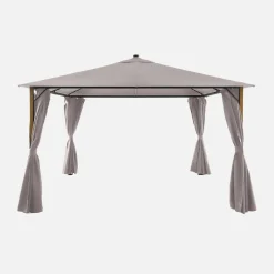 Gazebo de jardín 3x4m de aluminio efecto madera con cortinas y led
