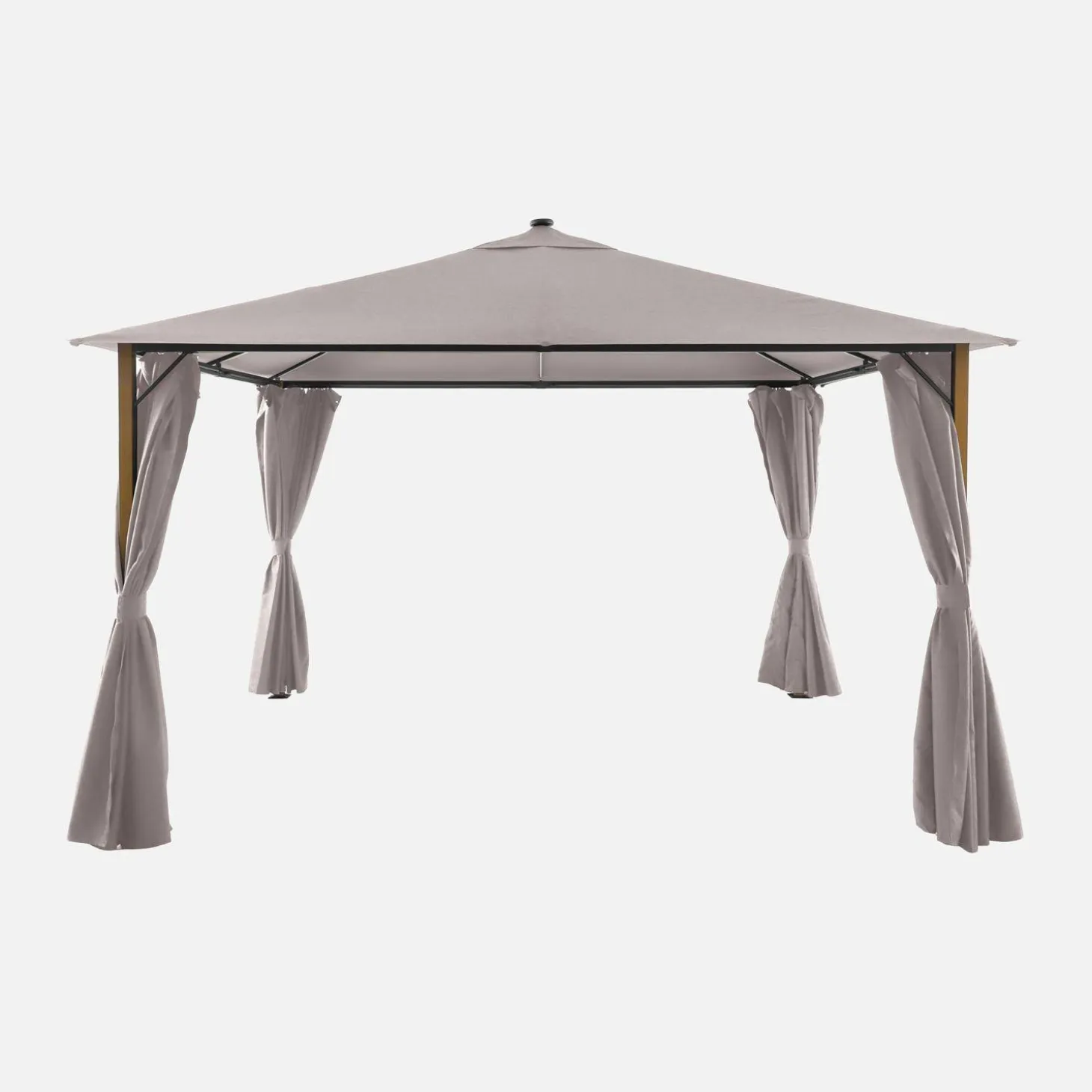 Gazebo de jardín 3x4m de aluminio efecto madera con cortinas y led