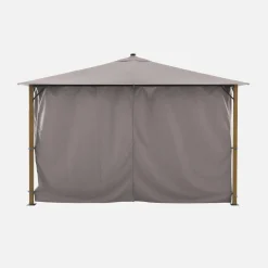 Gazebo de jardín 3x4m de aluminio efecto madera con cortinas y led