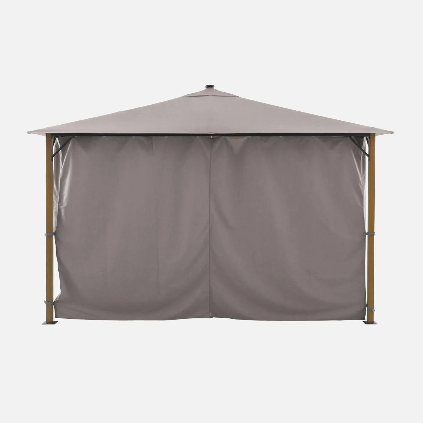 Gazebo de jardín 3x4m de aluminio efecto madera con cortinas y led