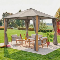 Gazebo de jardín 3x3m de aluminio efecto madera con cortinas y led