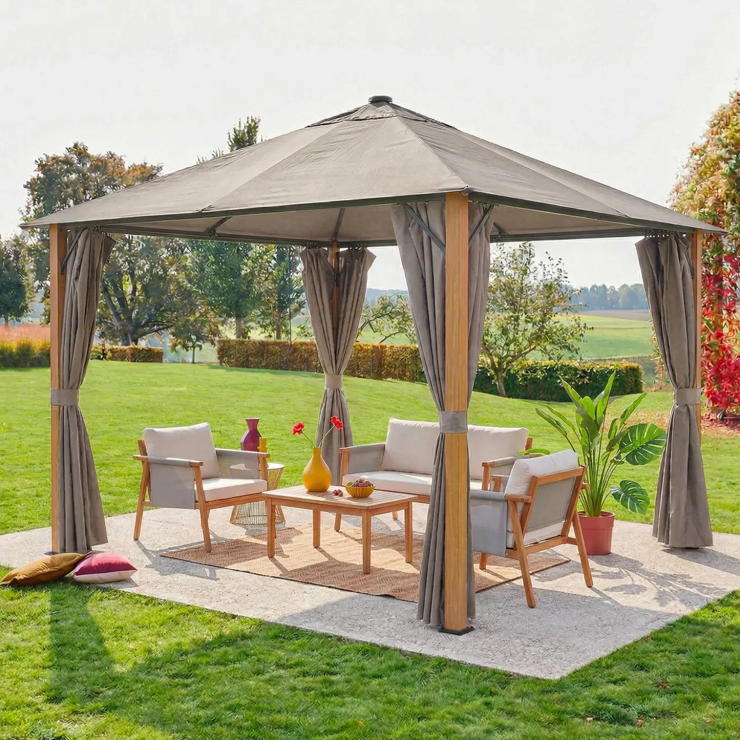 Gazebo de jardín 3x3m de aluminio efecto madera con cortinas y led