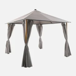Gazebo de jardín 3x3m de aluminio efecto madera con cortinas y led