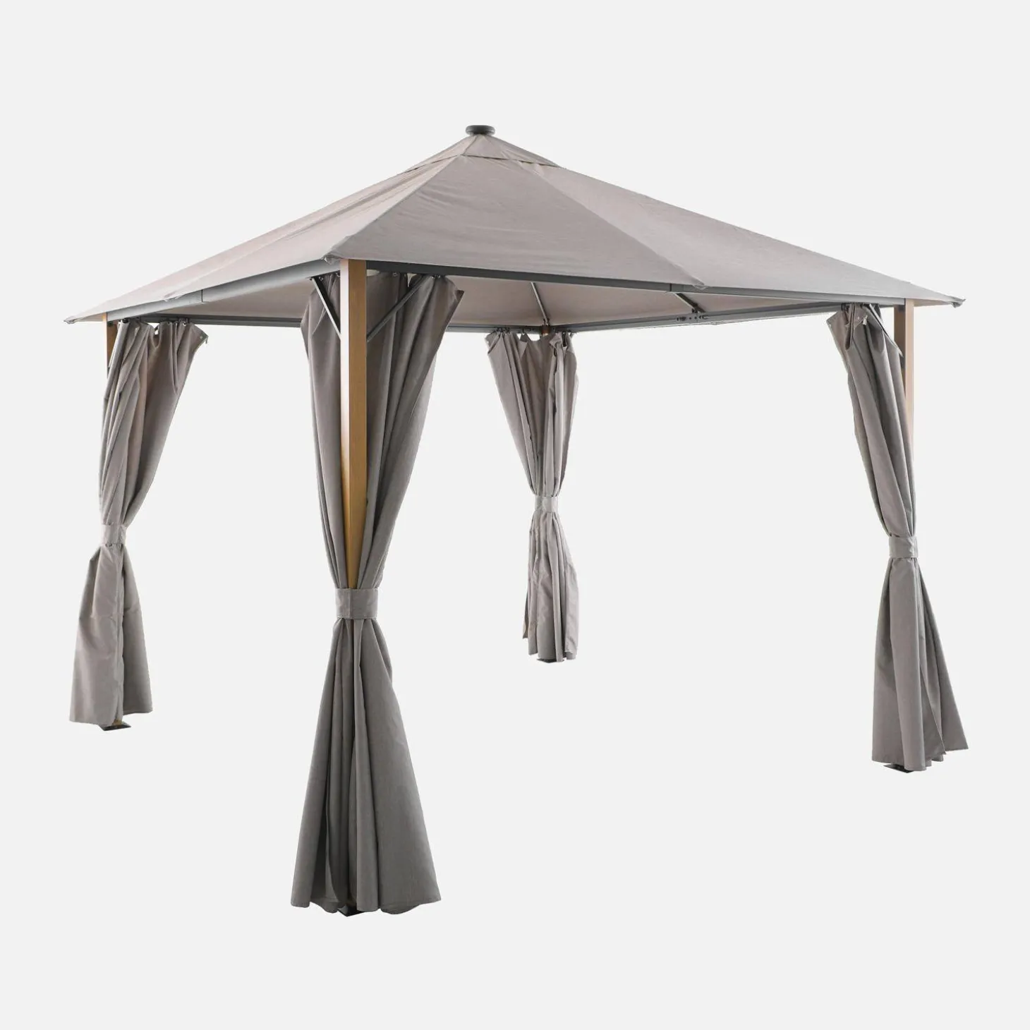 Gazebo de jardín 3x3m de aluminio efecto madera con cortinas y led