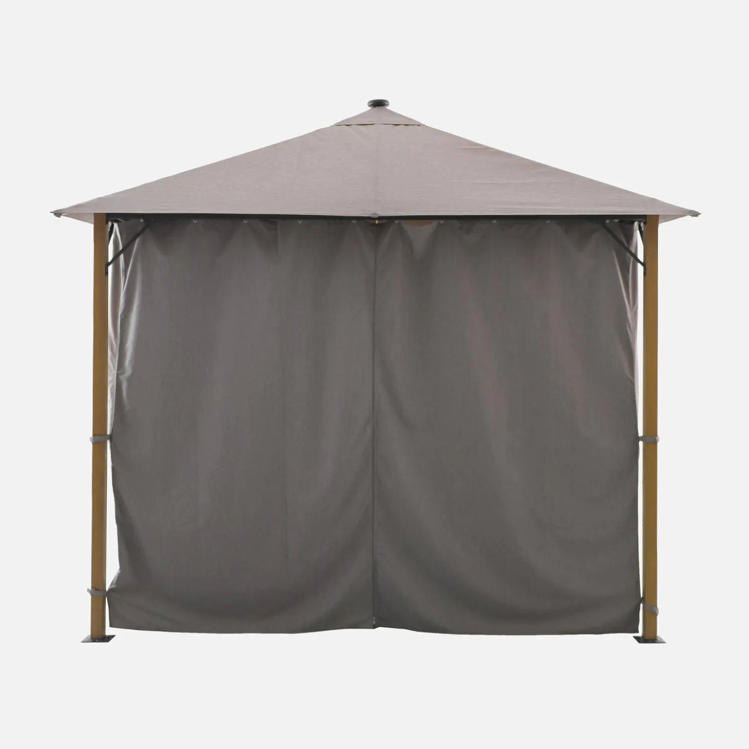 Gazebo de jardín 3x3m de aluminio efecto madera con cortinas y led