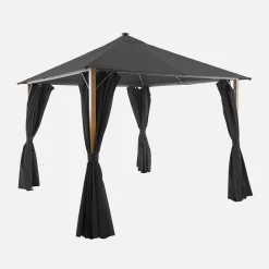 Gazebo de jardín 3x3m de aluminio efecto madera con cortinas y led