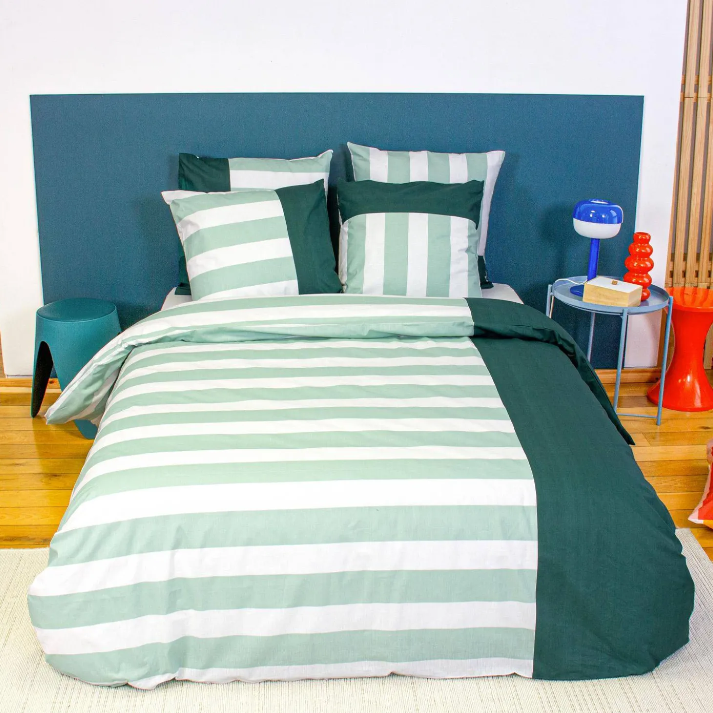 Juego de cama de algodón con estampado de rayas, 2 plazas, blanco y verde