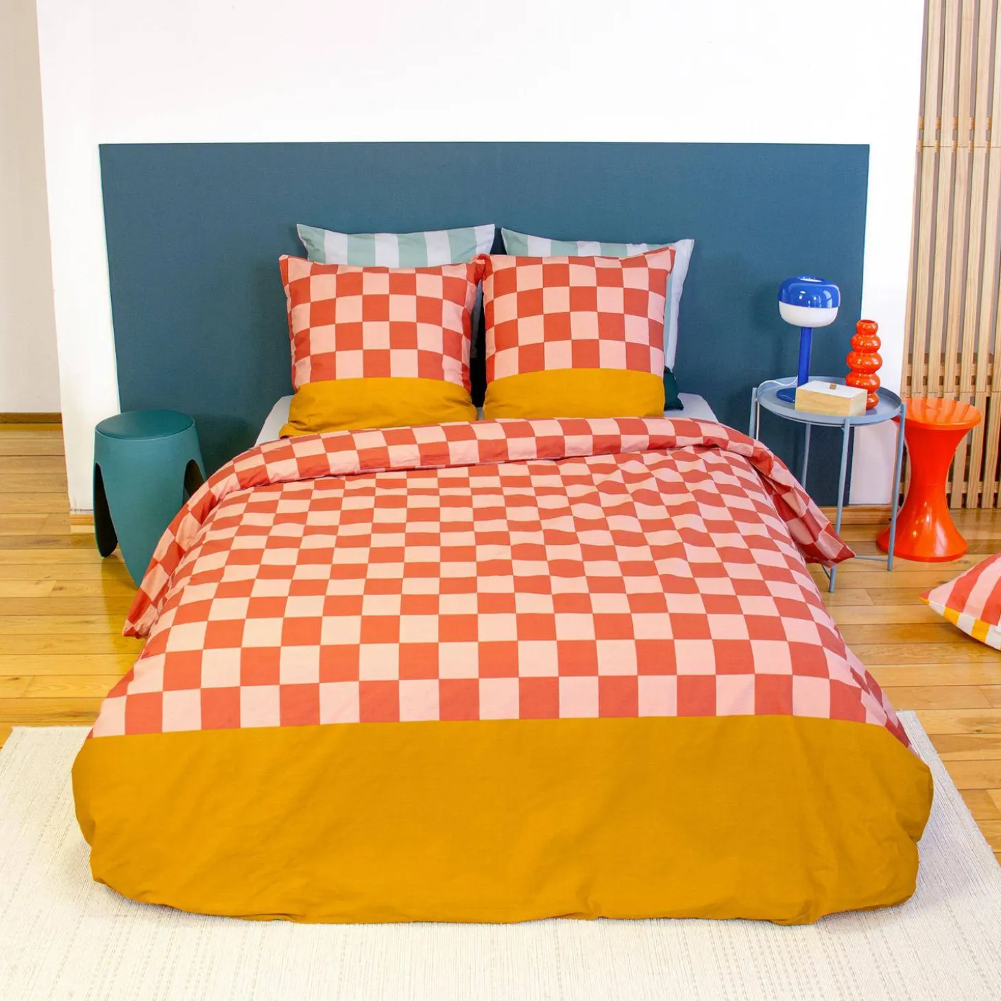 Juego de cama de algodón con estampado de damero, 2 plazas rojo y naranja
