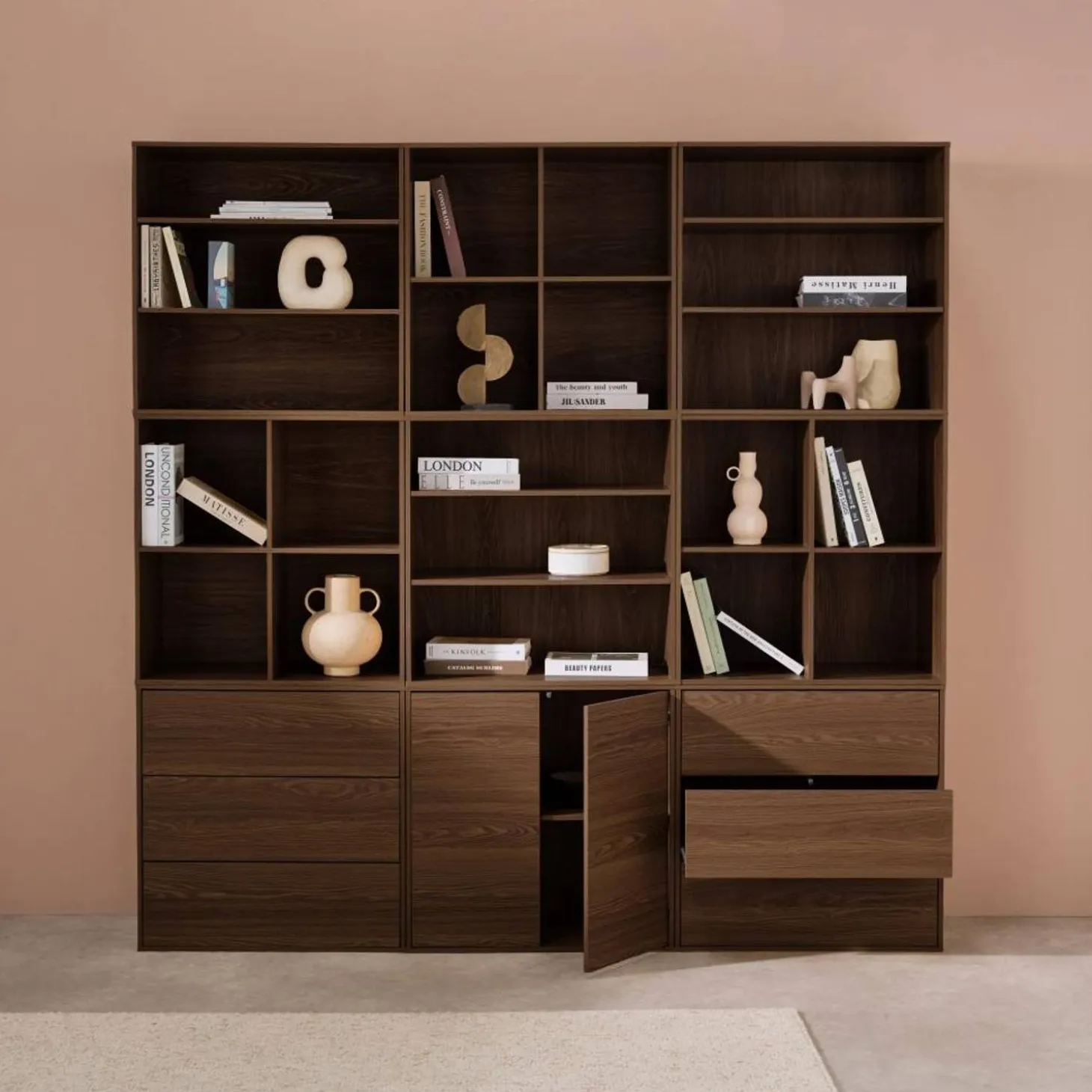 Kit estantería o biblioteca modular decorativa madera con 9 elementos