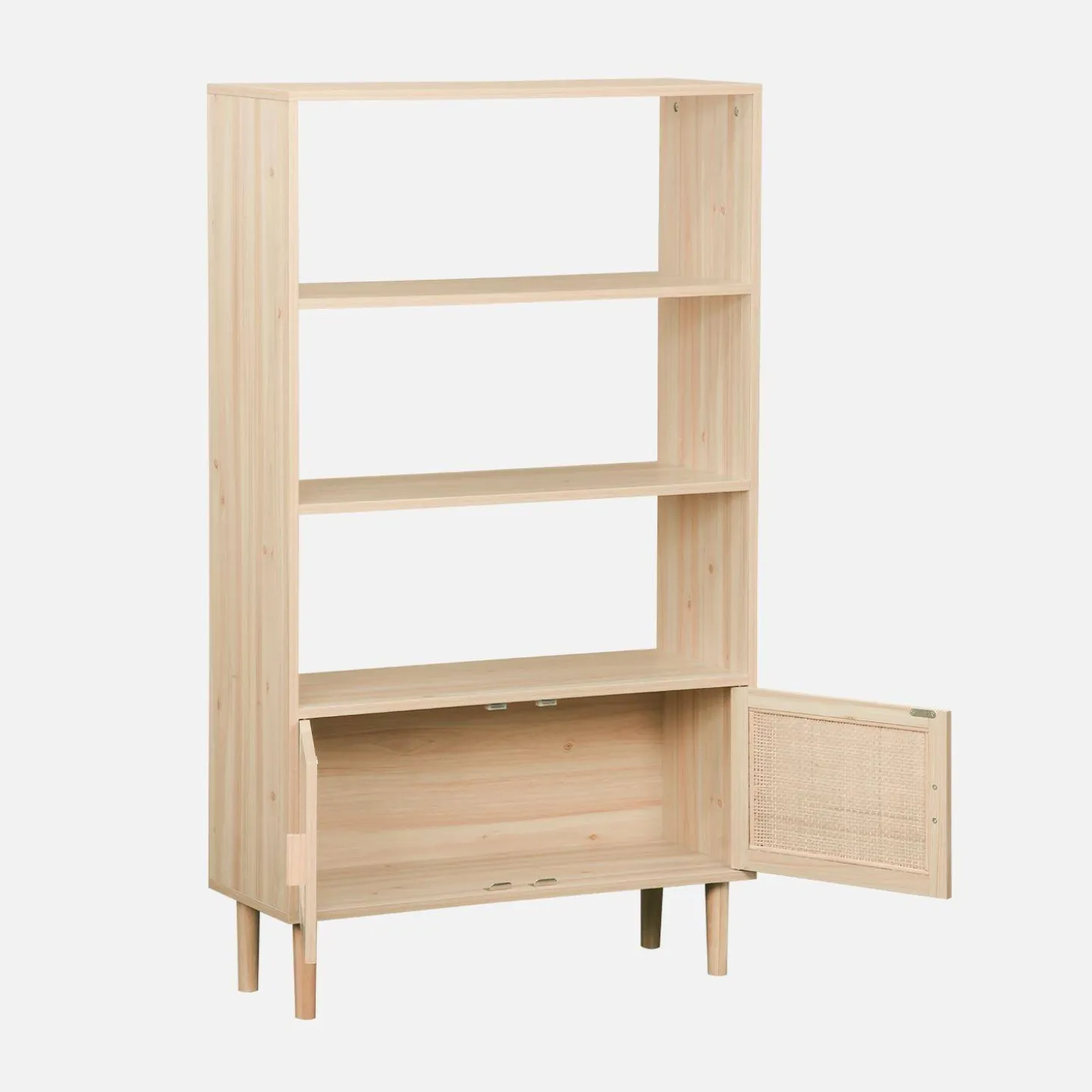 Librería con caña y efecto madera, 3 niveles y 2 puertas