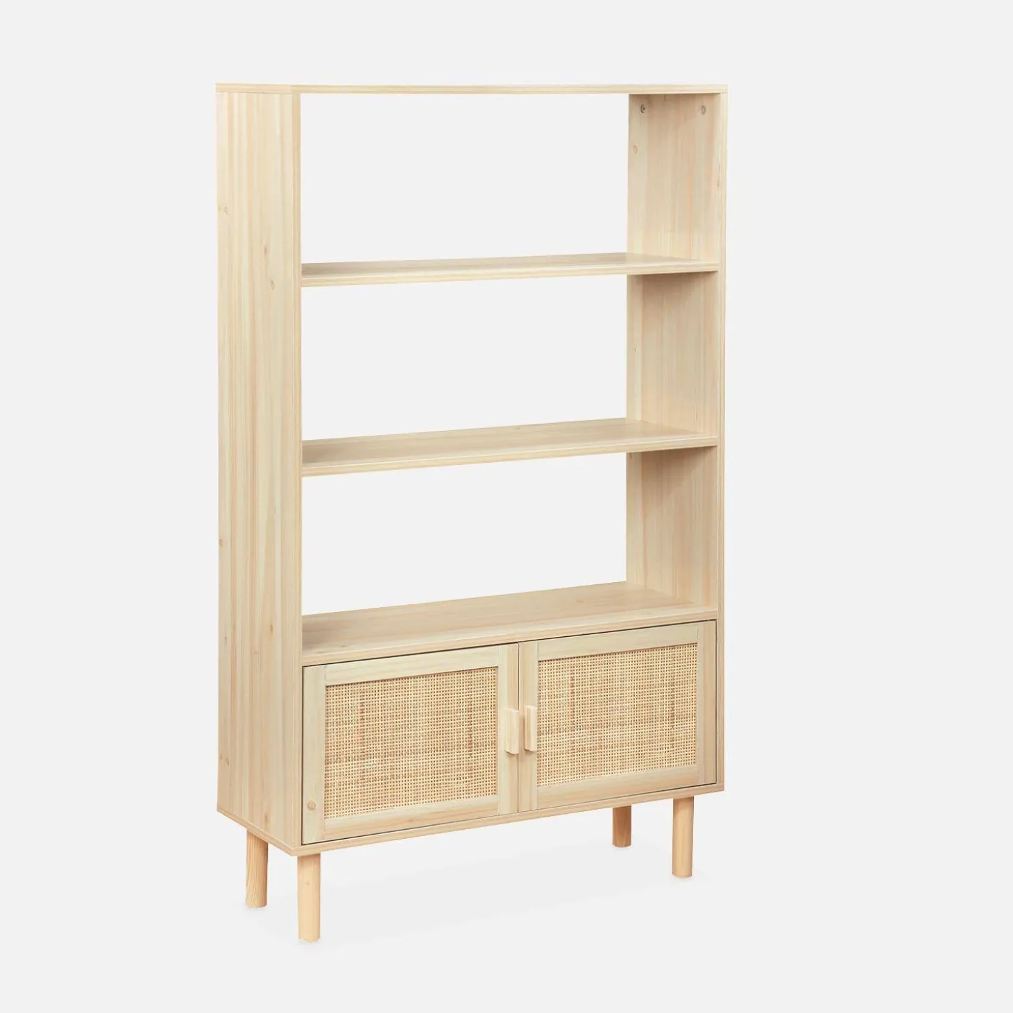 Librería con caña y efecto madera, 3 niveles y 2 puertas