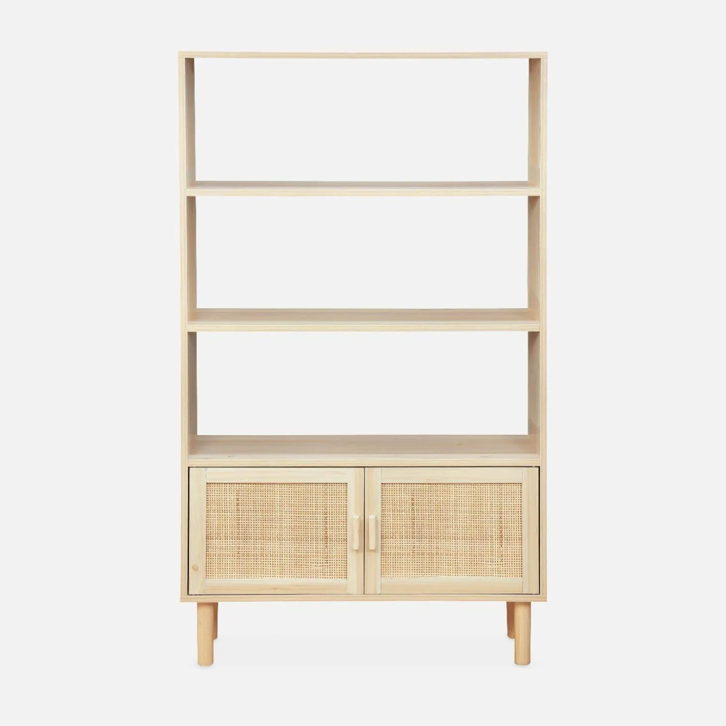 Librería con caña y efecto madera, 3 niveles y 2 puertas