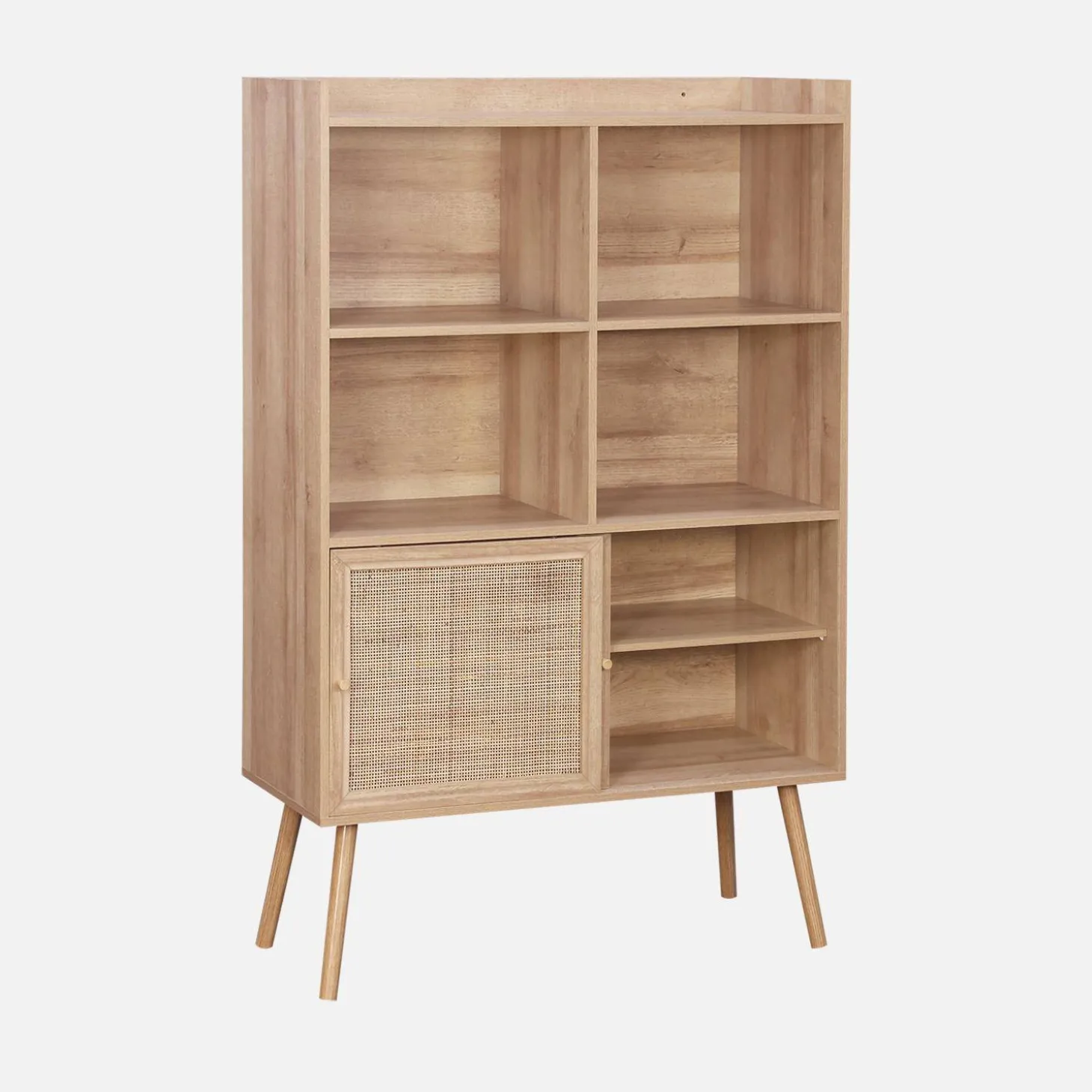 Librería de 5 estantes, puertas correderas, efecto madera y caña