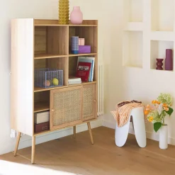 Librería de 5 estantes, puertas correderas, efecto madera y caña