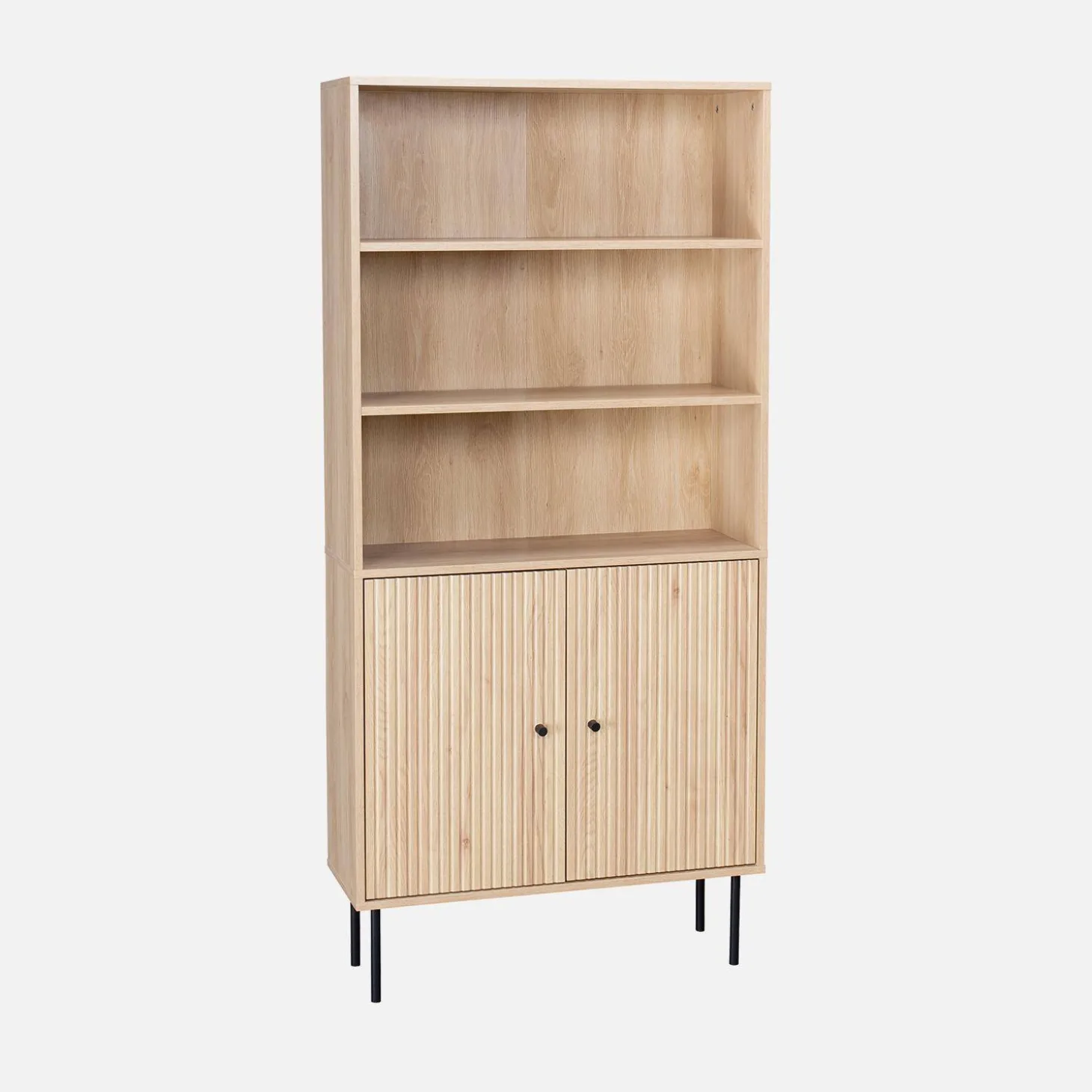 Librería de madera y metal negro con 2 puertas