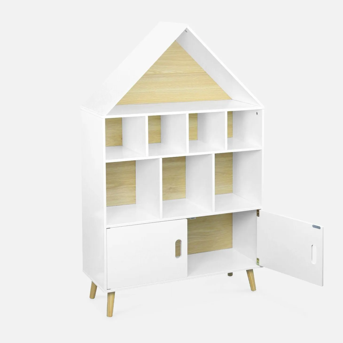 Librería infantil de madera con 8 compartimentos y 2 puertas