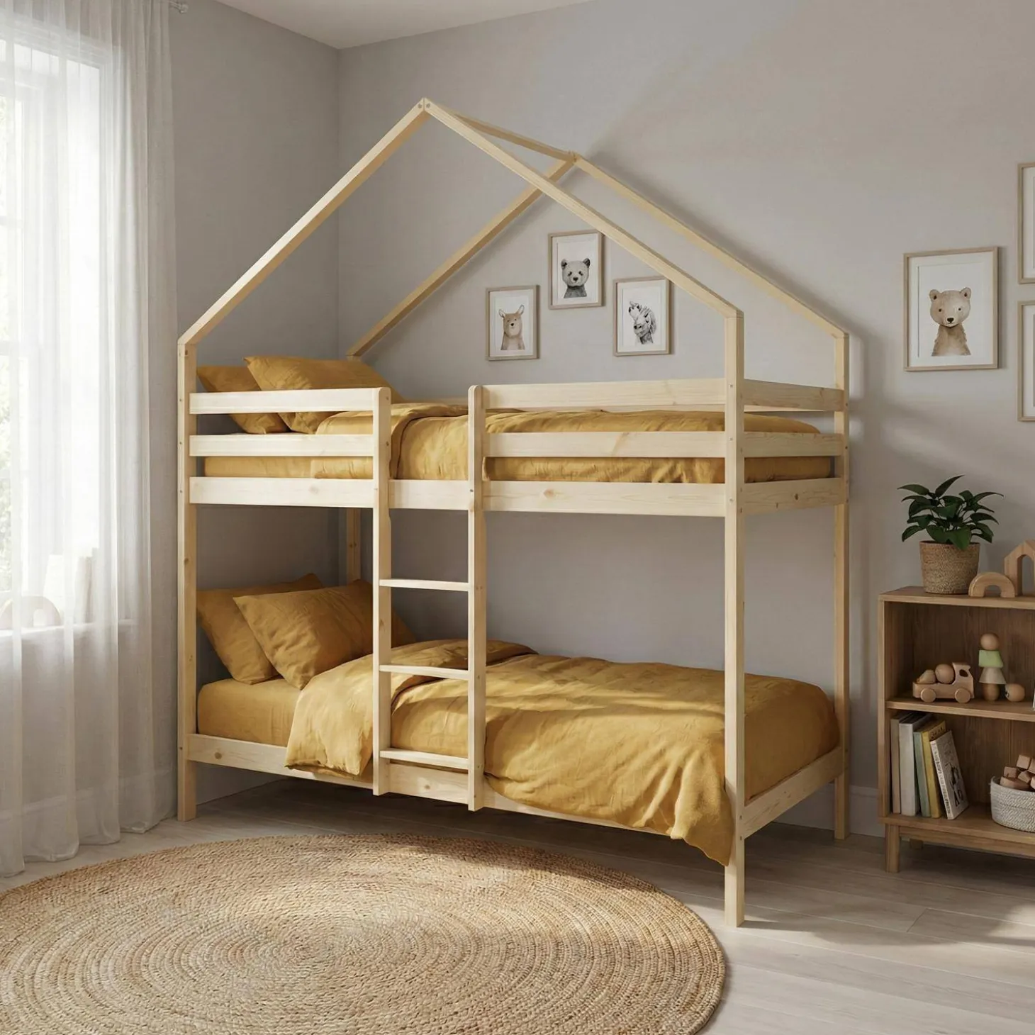 Litera infantil cabaña de pino natural, 90cm
