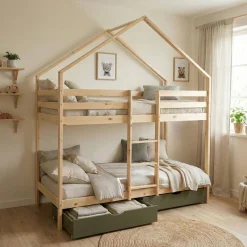 Litera infantil cabaña pino natural somier de láminas y cajones, 190cm