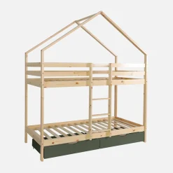 Litera infantil cabaña pino natural somier de láminas y cajones, 190cm