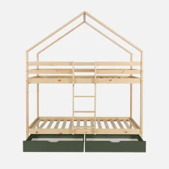 Litera infantil cabaña pino natural somier de láminas y cajones, 190cm