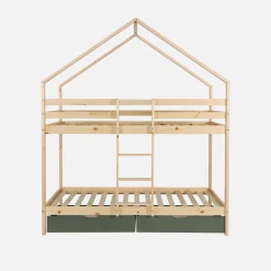 Litera infantil cabaña pino natural somier de láminas y cajones, 190cm
