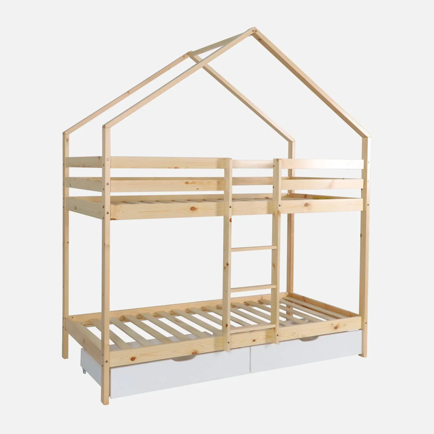 Litera infantil cabaña pino natural somier de láminas y cajones, 190cm