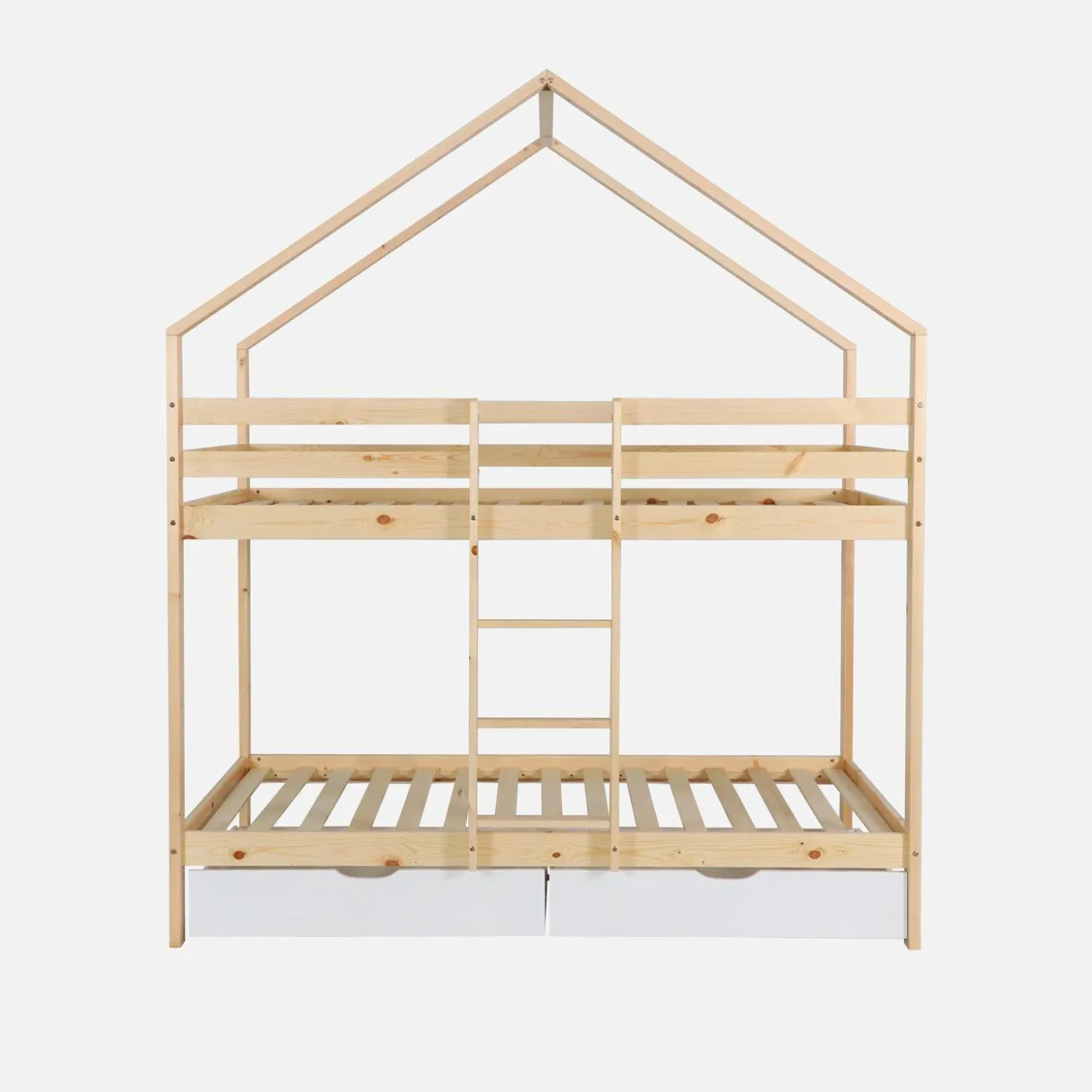 Litera infantil cabaña pino natural somier de láminas y cajones, 190cm