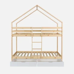 Litera infantil cabaña pino natural somier de láminas y cajones, 190cm