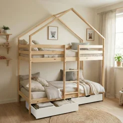 Litera infantil cabaña pino natural somier de láminas y cajones, 190cm