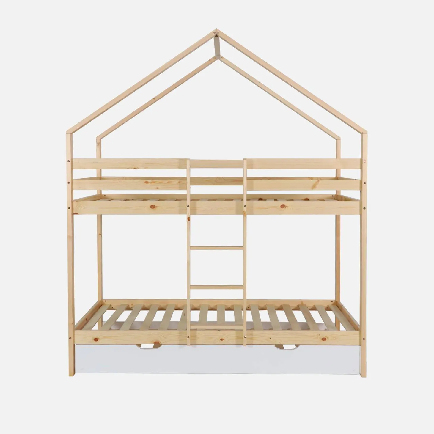 Litera infantil 190cm en pino natural estilo cabaña con somier y cajón