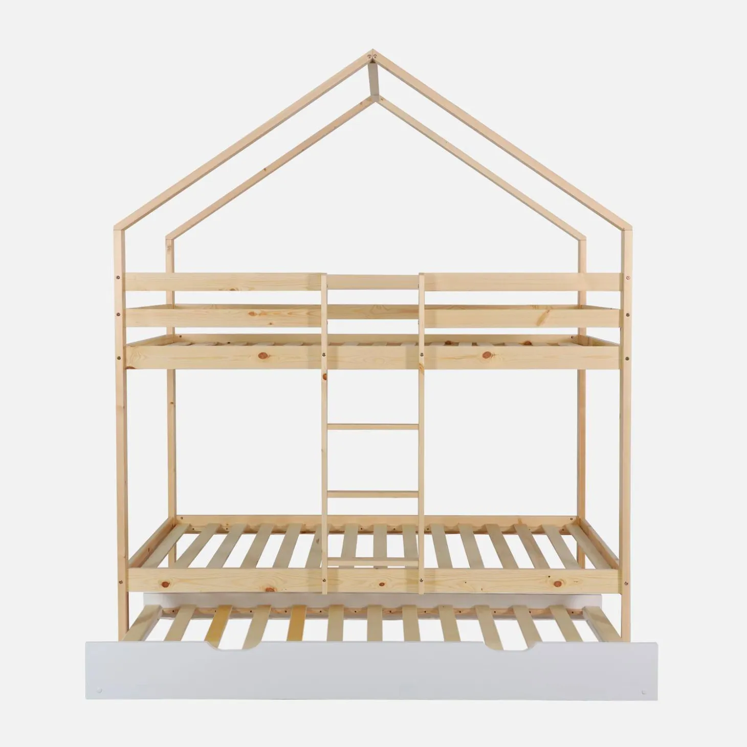 Litera infantil 190cm en pino natural estilo cabaña con somier y cajón