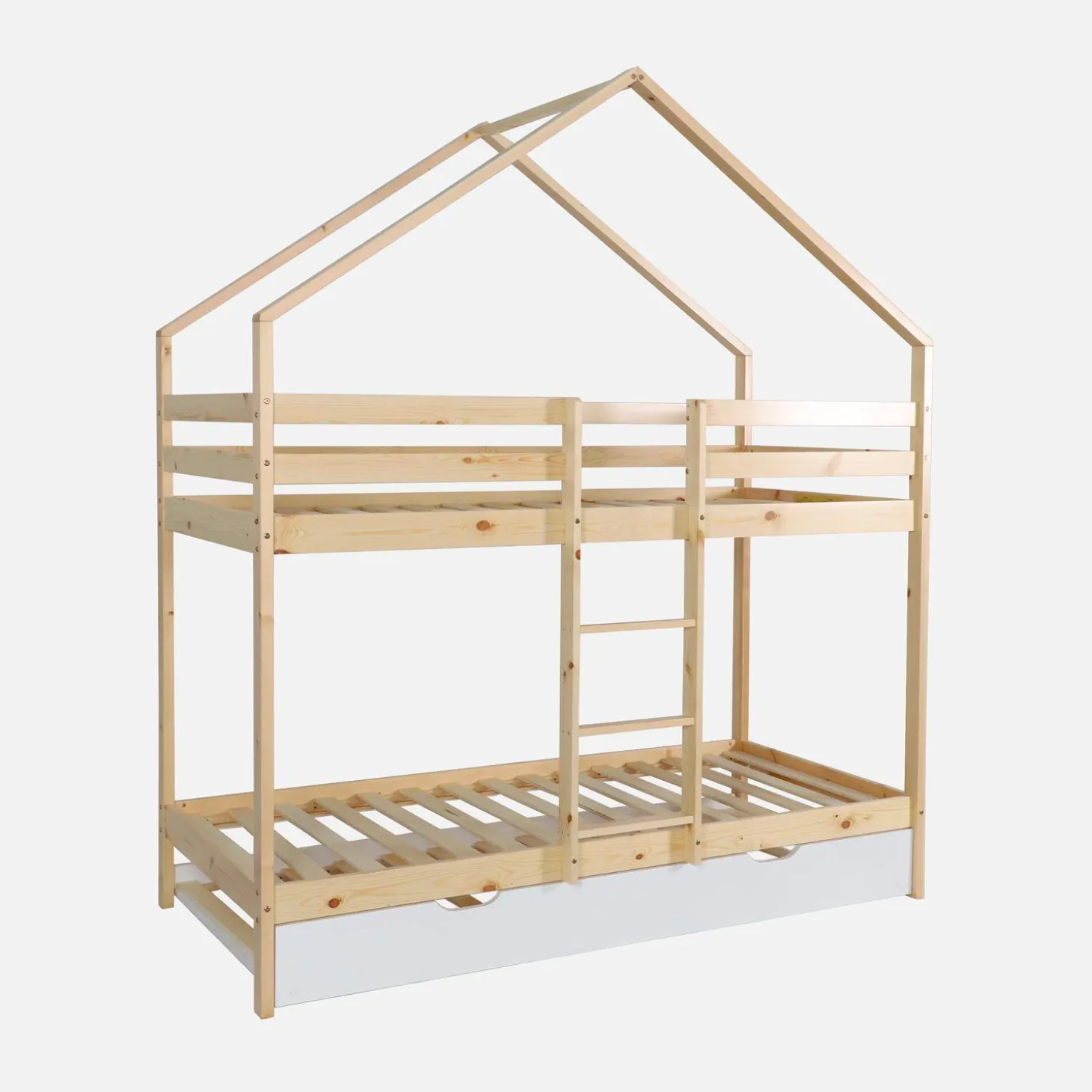 Litera infantil 190cm en pino natural estilo cabaña con somier y cajón