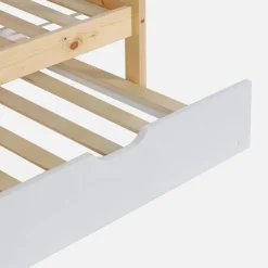 Litera infantil 190cm en pino natural estilo cabaña con somier y cajón