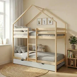 Litera infantil 190cm en pino natural estilo cabaña con somier y cajón