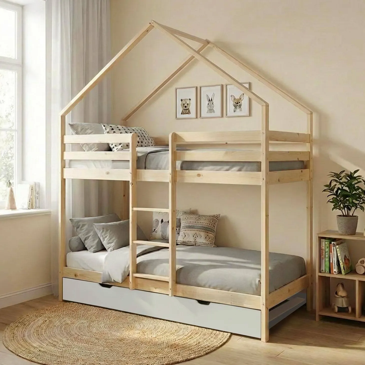 Litera infantil 190cm en pino natural estilo cabaña con somier y cajón