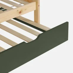 Litera infantil 190cm en pino natural estilo cabaña con somier y cajón