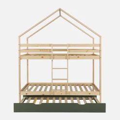 Litera infantil 190cm en pino natural estilo cabaña con somier y cajón