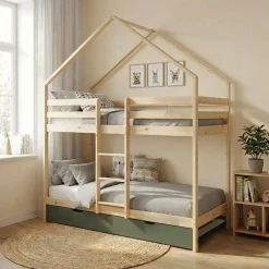 Litera infantil 190cm en pino natural estilo cabaña con somier y cajón