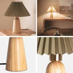 Lámpara de mesa interior madera y tela, Ø10,5cm