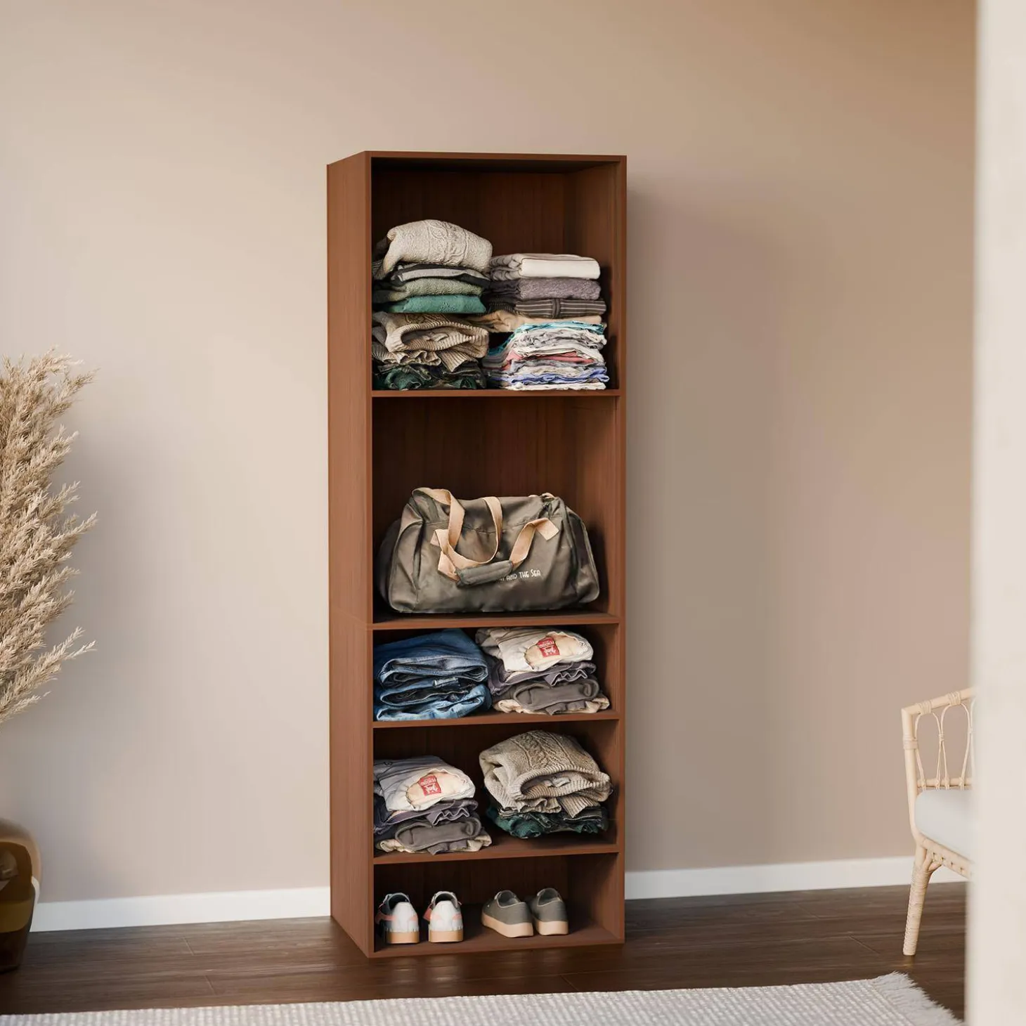 Módulo de vestidor con decoración de madera y 5 estantes
