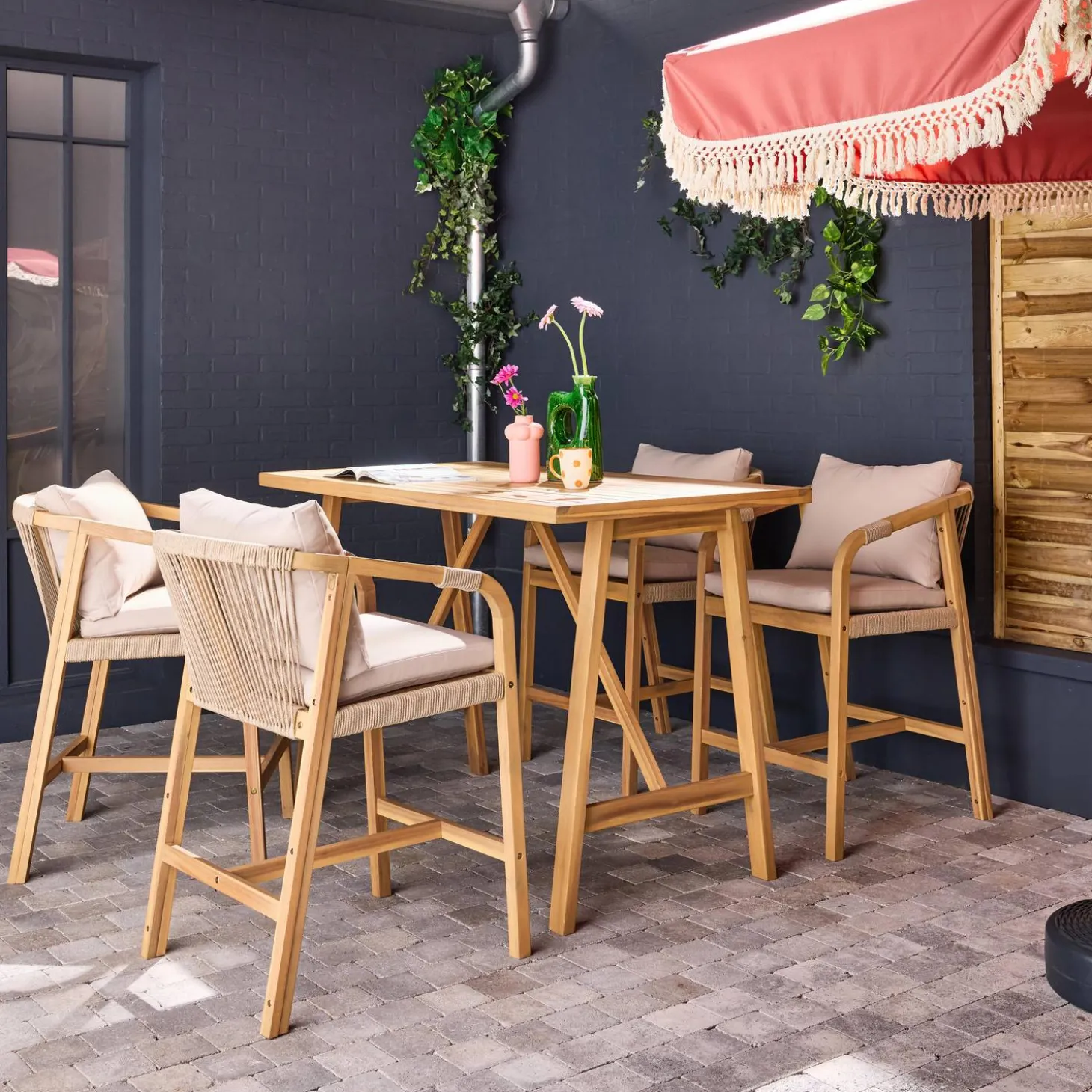 Mesa alta de jardín de madera de acacia, 4 personas