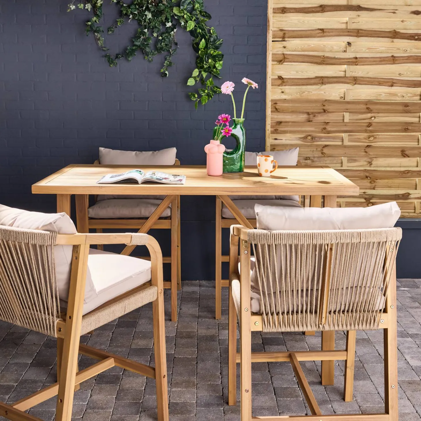 Mesa alta de jardín de madera de acacia con 4 sillones