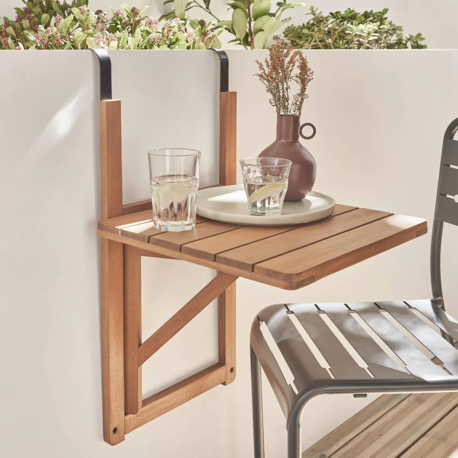 Mesa auxiliar de madera para balcón, plegable